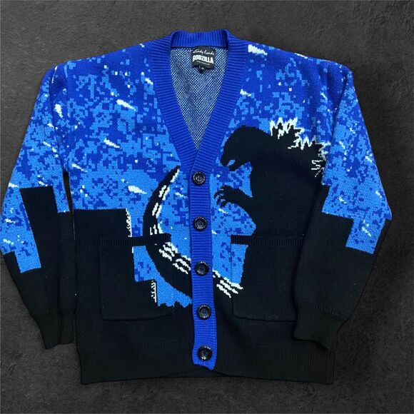 Steady Hands x Godzilla Viscose Blend Black Blue Cardigan Sweater Men's Size XS - Picture 1 of 8